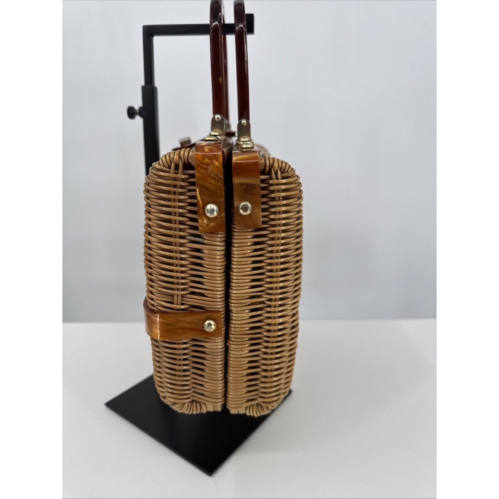 Mid-Century Wicker Like Bag, Hong Kong Woven Handmade w/ Caramel Lucite Handle - Picture 9 of 16